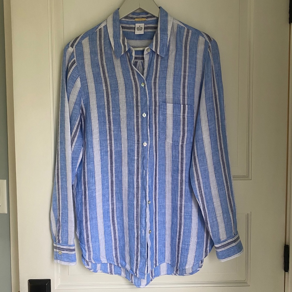 Magaschoni Blue and White Button Down Shirt 100% Linen